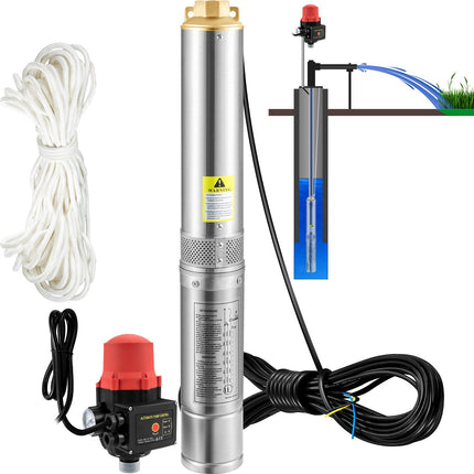 Deep Well Submersible Pump 750W, 62m Head, IP68, Pressure Switch