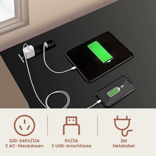 Rohový psací stůl do L se zásuvkami a USB porty 120 x 120 x 75 cm černý