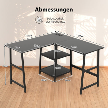 Rohový psací stůl do L se zásuvkami a USB porty 120 x 120 x 75 cm černý