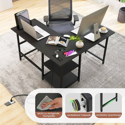 Rohový psací stůl do L se zásuvkami a USB porty 120 x 120 x 75 cm černý