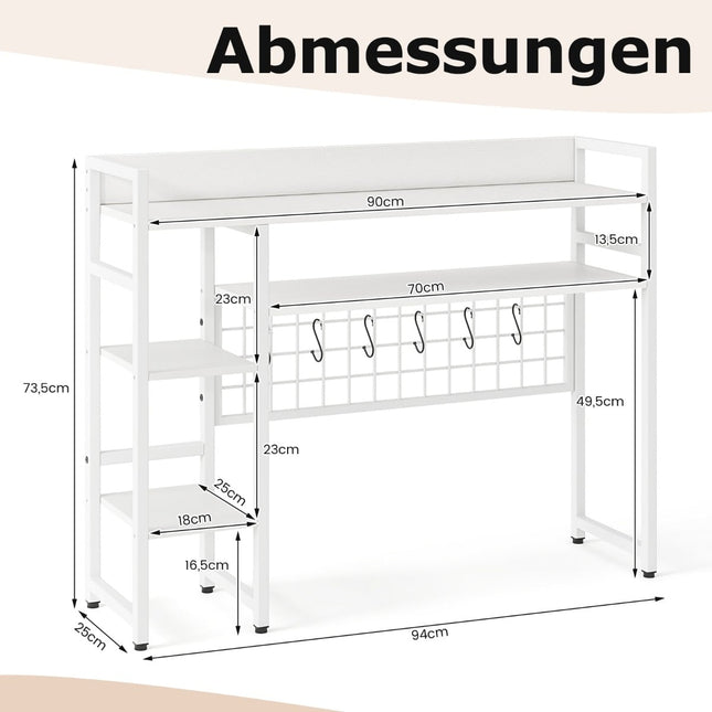 Schreibtischregal mit 4 Ebenen und 6 Haken – Weiß, 94x25x74 cm