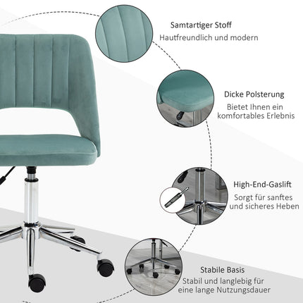 Ergonomická židle k psacímu stolu ze zeleného sametu – nastavitelná, bez područek