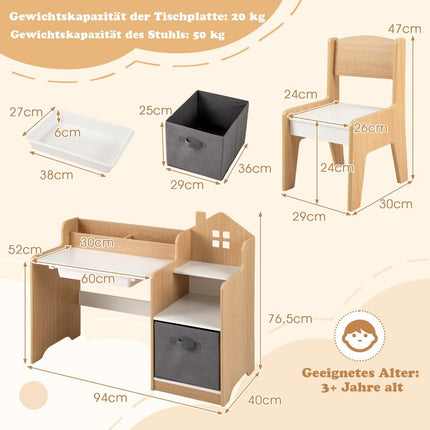 Desk & chair set for children Student table with open shelves White + Natural