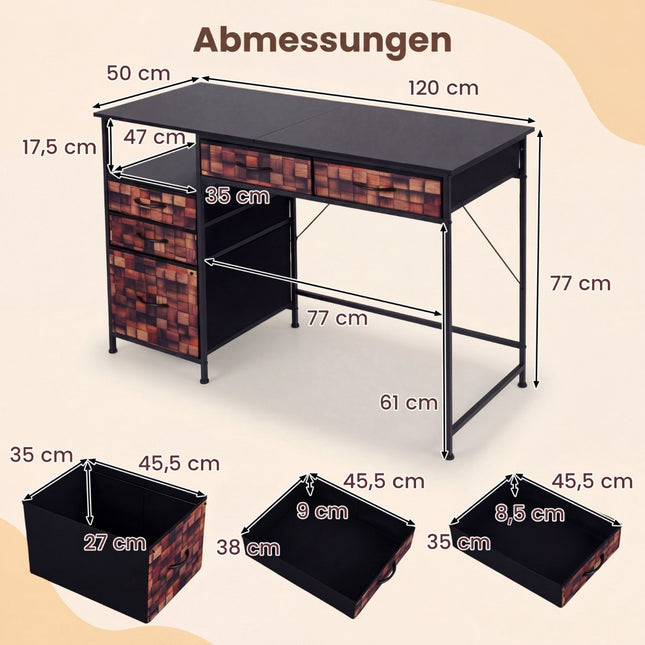Psací stůl s 5 textilními zásuvkami a policí – hnědý, 120x50 cm
