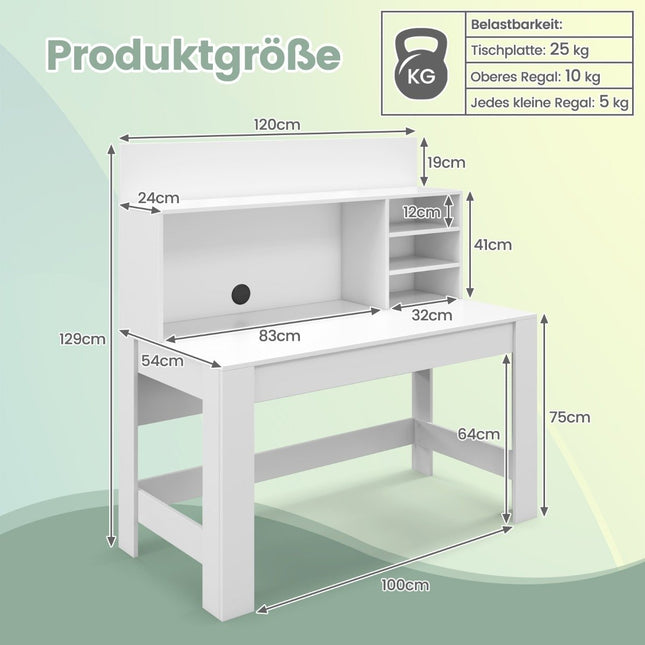 Psací stůl s knihovnou a průchodkami na kabely 120 x 54 x 129 cm bílý