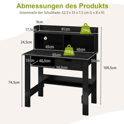 Psací stůl se zásuvkami elektro, malý počítačový stůl s nástavcem 95 x 56 x 109.5 cm černý