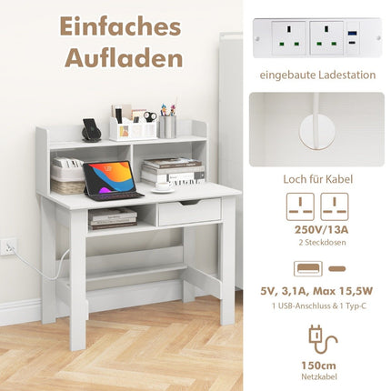 Psací stůl se zásuvkami elektro, malý počítačový stůl s nástavcem 95 x 56 x 109.5 cm bílý