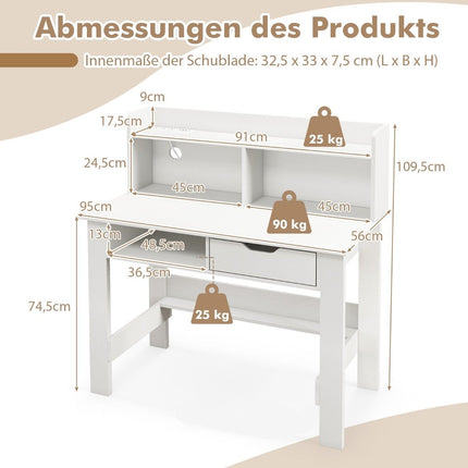 Psací stůl se zásuvkami elektro, malý počítačový stůl s nástavcem 95 x 56 x 109.5 cm bílý
