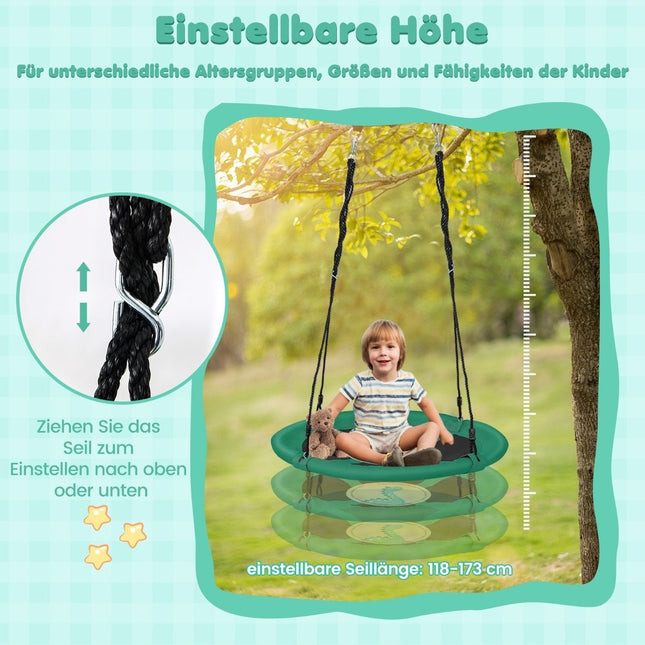 Hnízdová houpačka o průměru 100 cm s nastavitelnými lany, závěsná dětská kulatá houpačka, zelená