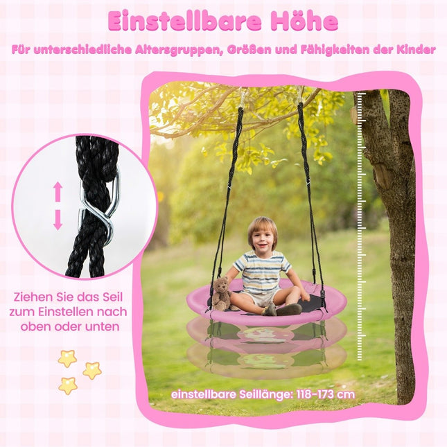 Hnízdová houpačka o průměru 100 cm s nastavitelnými lany, závěsná dětská kulatá houpačka, růžová