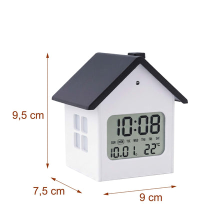 Digitální budík ve tvaru domečku s LCD displejem