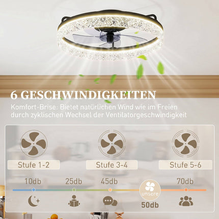 Stmívatelný LED stropní ventilátor s dálkovým ovládáním, černý, průměr 50cm