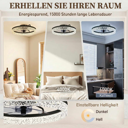 Stmívatelný LED stropní ventilátor s dálkovým ovládáním, černý, průměr 50cm