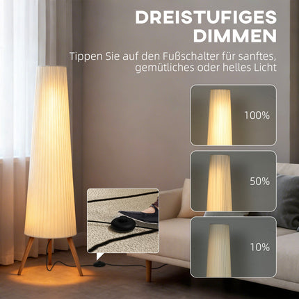 Stmívatelná LED stojací lampa, dřevěná trojnožka, nožní vypínač, bílá