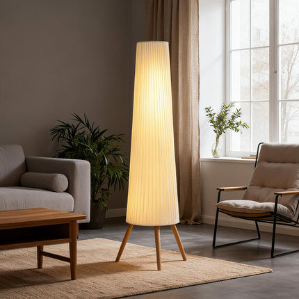 Stmívatelná LED stojací lampa, dřevěná trojnožka, nožní vypínač, bílá