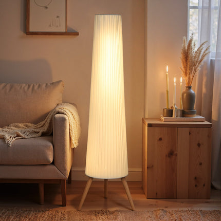 Stmívatelná LED stojací lampa, dřevěná trojnožka, nožní vypínač, bílá