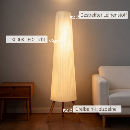 Stmívatelná LED stojací lampa, dřevěná trojnožka, nožní vypínač, bílá