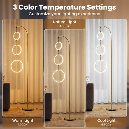 Dimmable LED Floor Lamp with 3 Light Rings and Foot Switch, Gold, 180 cm