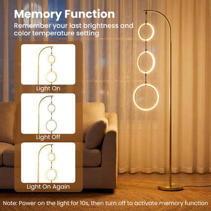 Dimmable LED Floor Lamp with 3 Light Rings and Foot Switch, Gold, 180 cm