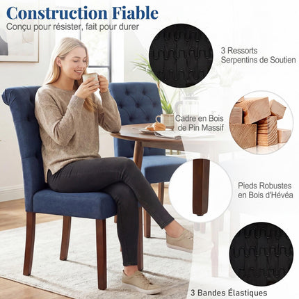 Dining Chairs Set of 2, Blue Upholstered, Wood Legs, 150kg