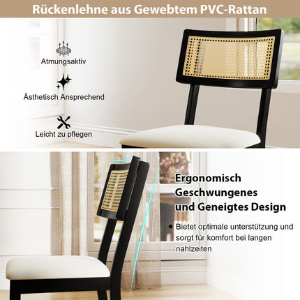 Esszimmerstühle 2er-Set, gepolsterte Sitzfläche, Rückenlehne aus Rattan