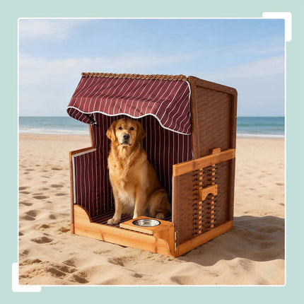 Dog Beach Chair, Wood & Rattan with Bowl
