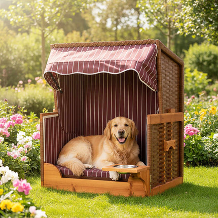 Dog Beach Chair, Wood & Rattan with Bowl