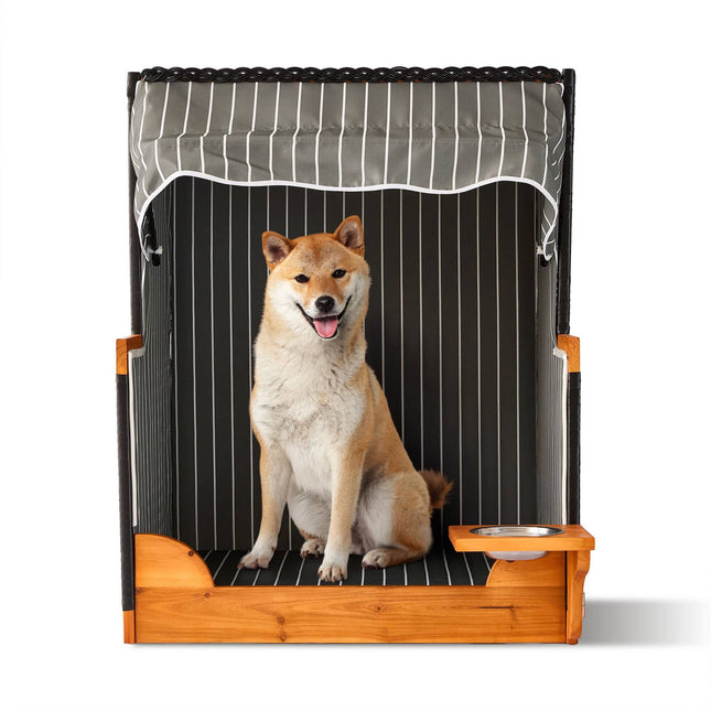 Strandstoel voor honden met voerbak, hout en rotan.