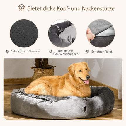 Kulatý pelíšek pro psy – hladký sametový polyester, snímatelný potah, šedá