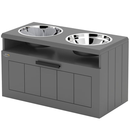 Elevated dog feeding station with storage, gray