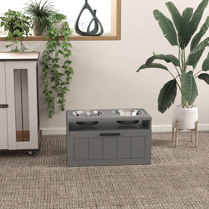 Elevated dog feeding station with storage, gray