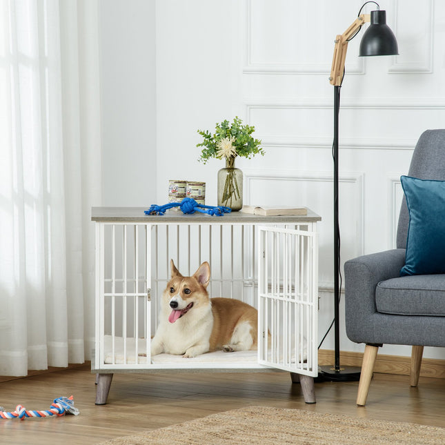 Dog box with wooden look, table top, cushion, medium, white/grey