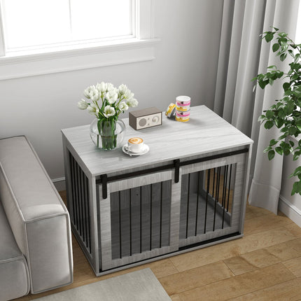Large gray dog cage with lockable sliding door