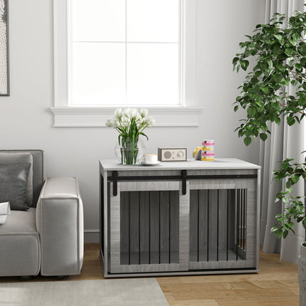 Large gray dog cage with lockable sliding door