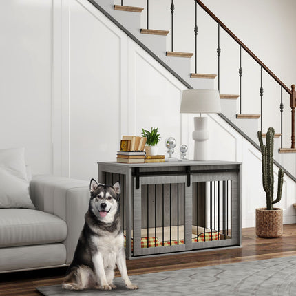 Large gray dog cage with lockable sliding door