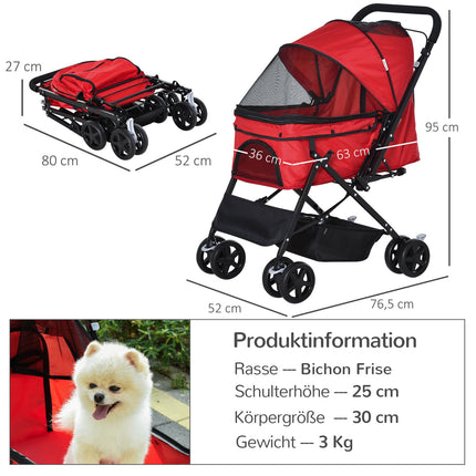 Kočárek pro psa Oxford pro malé mazlíčky, 76,5 x 52 x 95 cm, červený