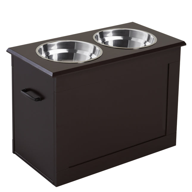 Krmicí stanice pro mazlíčky, dvojité nerezové misky, MDF povrch espresso
