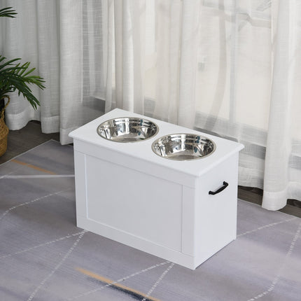Krmicí stanice pro psy s úložným prostorem – bílá, 60x30x41cm
