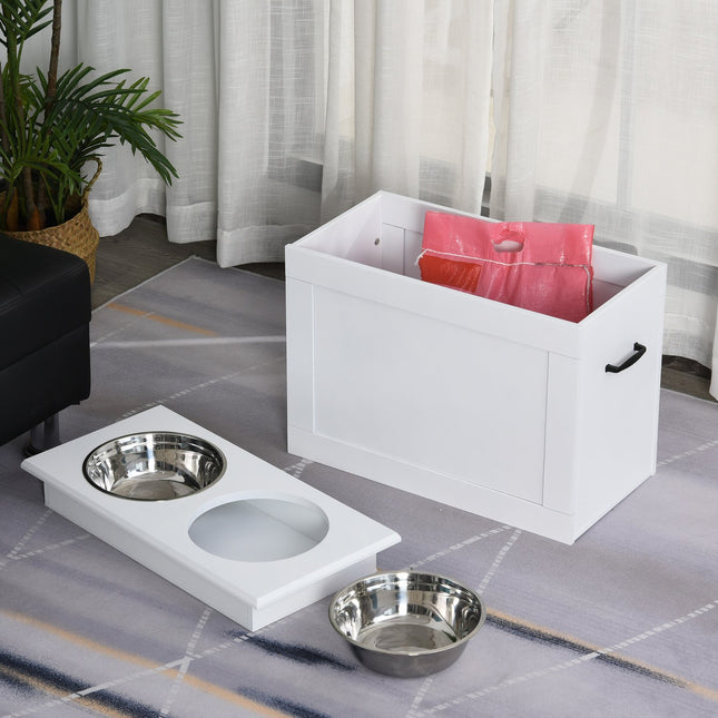 Krmicí stanice pro psy s úložným prostorem – bílá, 60x30x41cm