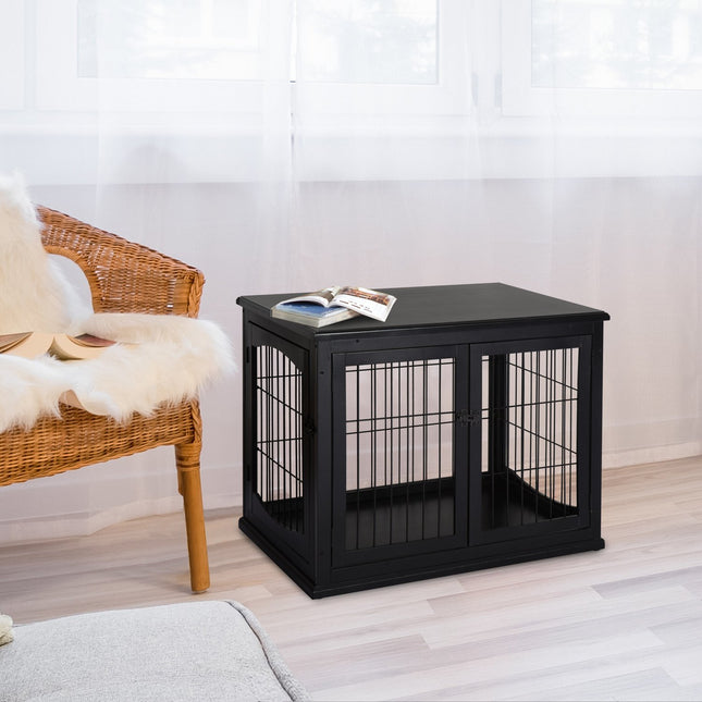 Vnitřní bouda pro psa s deskou stolu – černá, 81x58.5x66 cm