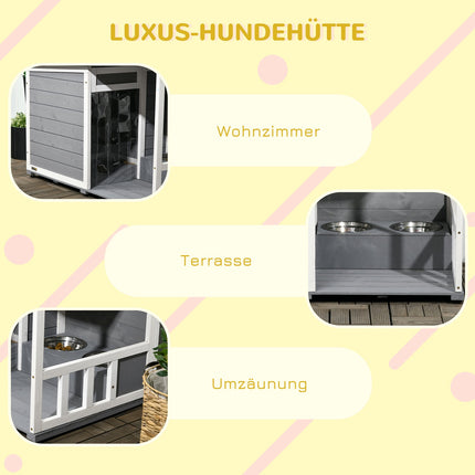 Weatherproof Spruce Wood Dog House with Terrace and Bowls