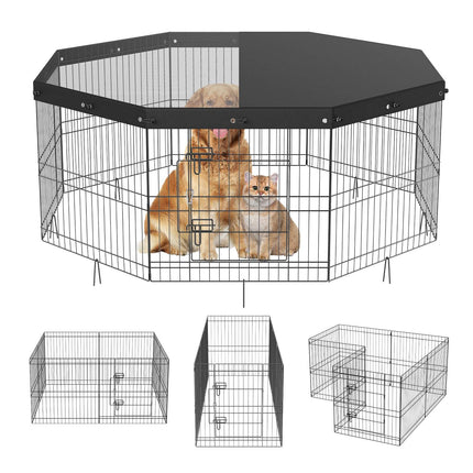 Dog Playpen, 8-Panel Foldable Metal with Top Cover, 24in