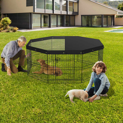 Dog Playpen, 8-Panel Foldable Metal with Top Cover, 24in