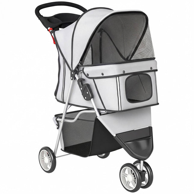 Kočárek pro psy, skládací, úložný košík, držák nápojů, 10 kg, šedý