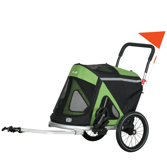 Hondenkar 2-In-1 Hondenbuggy Hondenfietskar Veiligheidslijn Hondenkar Reflectoren Tot 20Kg Oxford Groen