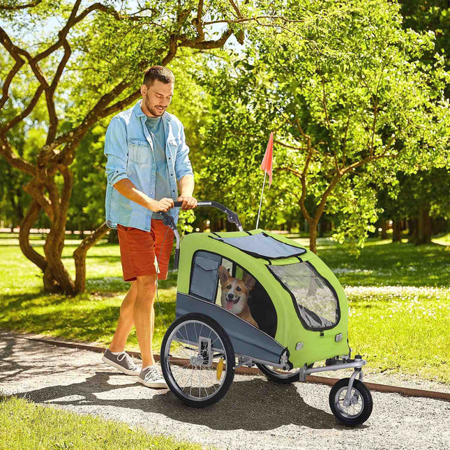 Velký psí vozík jogger, stabilní držák na kolo, zelený/šedý