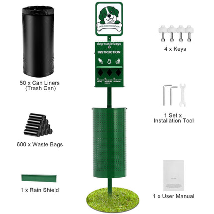 Dog Waste Station, 11.5 Gallon Bin, Dispenser, 600 Bags