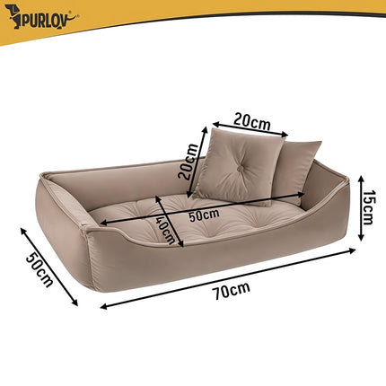 Dog and Cat Bed 70 x 50 cm with Raised Sides and 2 Pillows, Beige