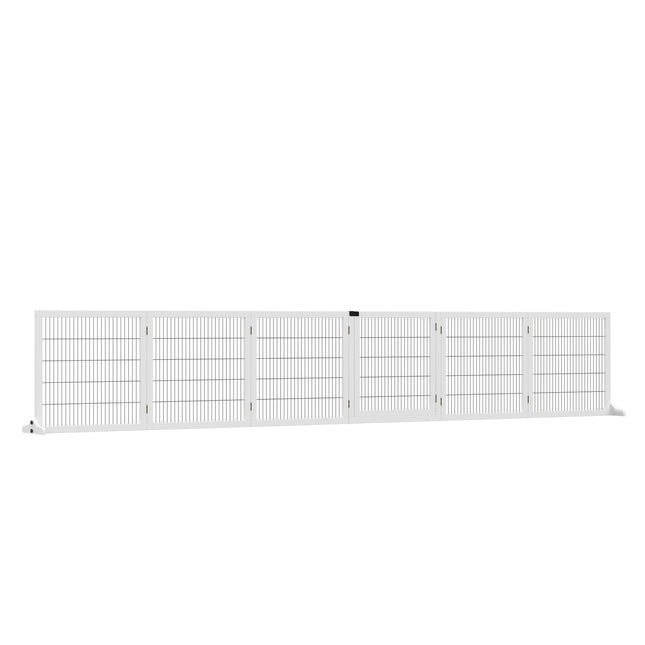 Nastavitelná dřevěná zábrana pro psy – 6 panelů, bílá, 432 x 70 cm