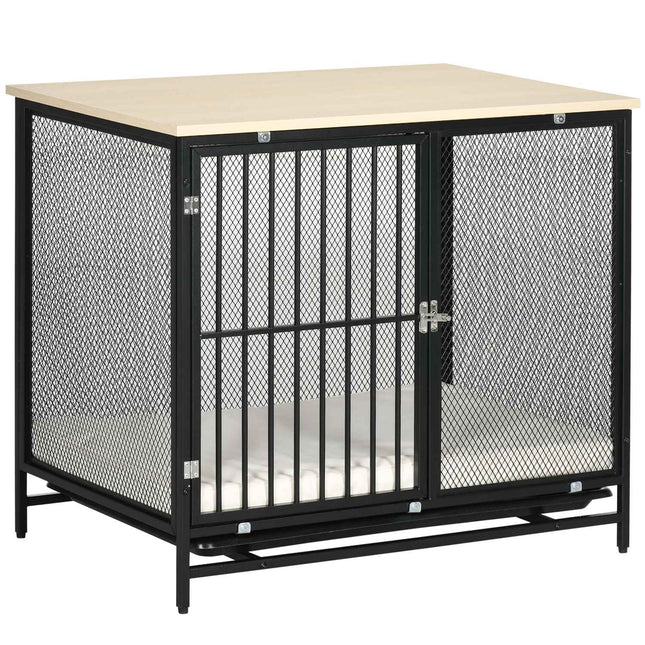 Dog cage with cushion, pull-out tray, oak & black, 80x55x71 cm